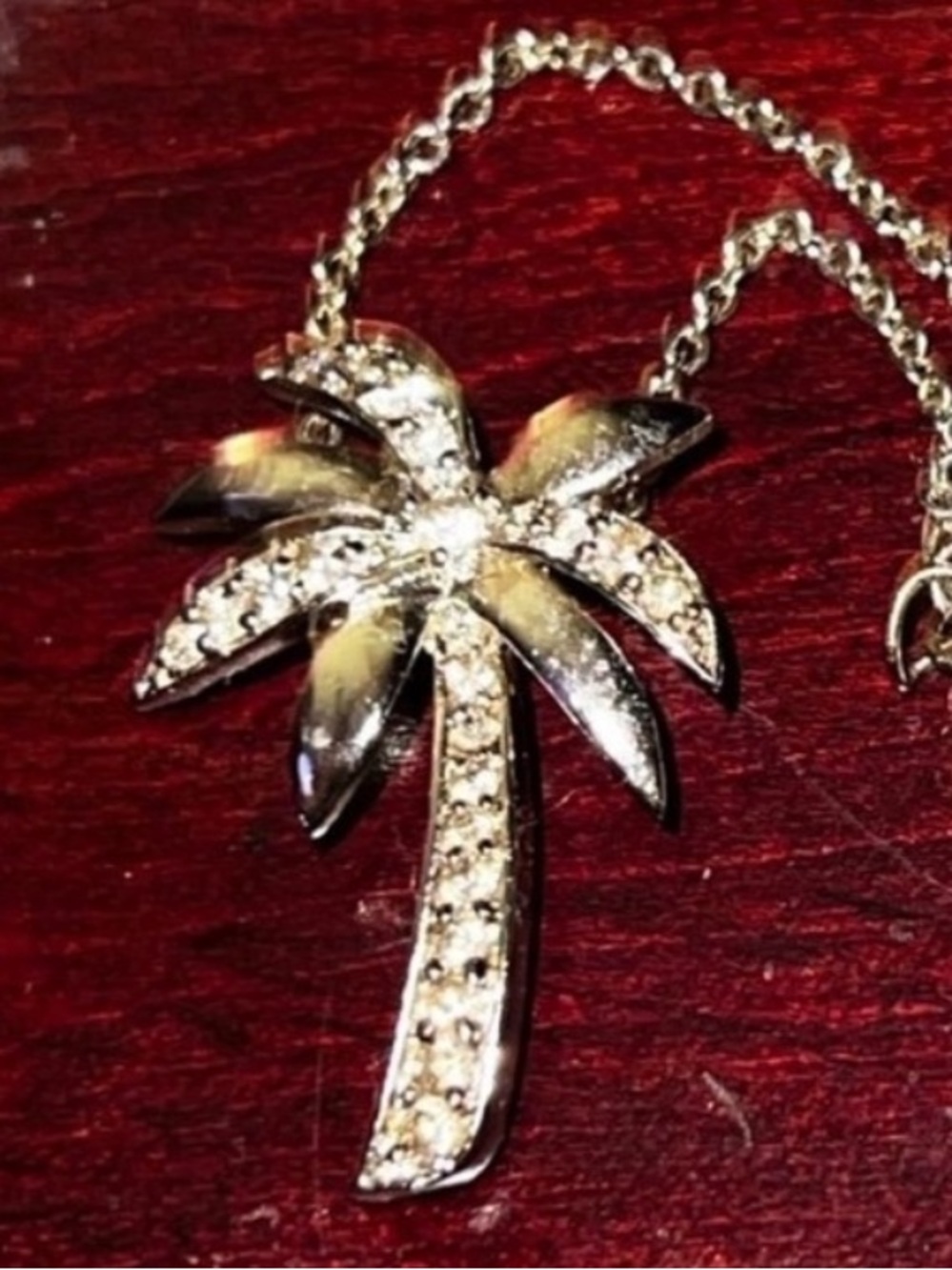 Silver Tone CZ Palm Tree Pendant Necklace 16”